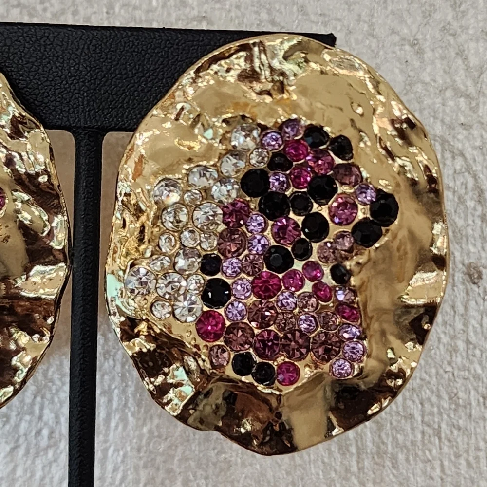 Oval Rhinestone Stud Gold texture and Purple Statement Earrings